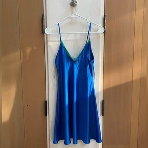 SOLD Zara Blue Satin Dress with Green Lace Detail